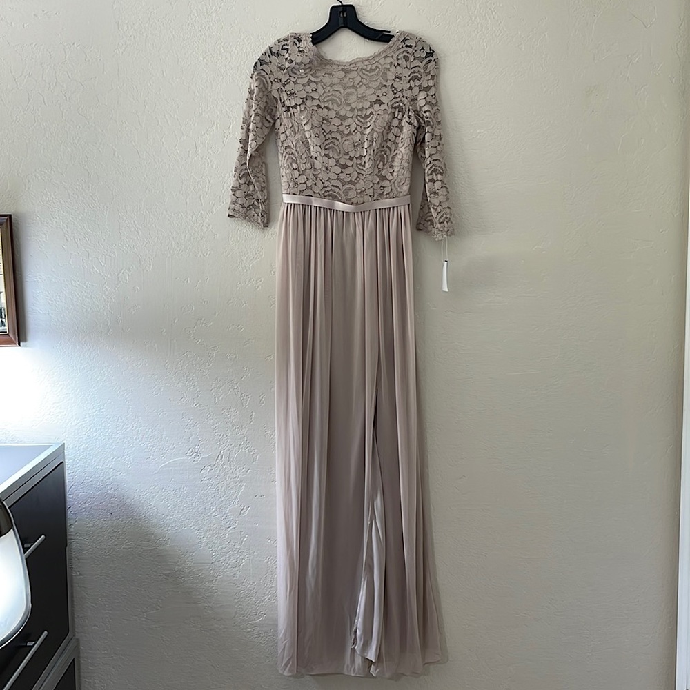 David’s Bridal 3/4 sleeve Biscotti Maxi dress, with lace bodice. Size 0